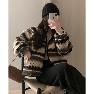 复古北欧风费尔岛提花羊羔毛短外套女2025冬季 摇粒绒保暖棉服 新款