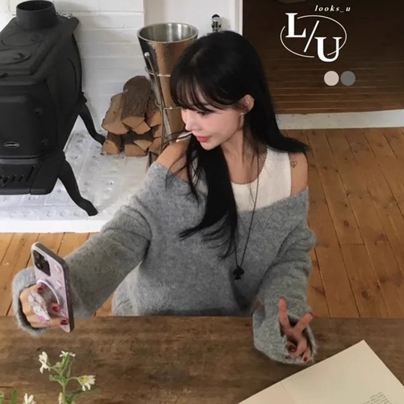 工字针织背心女+一字肩长袖毛衣