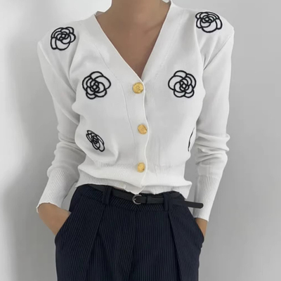 V领玫瑰印花金属单排扣毛衣外套