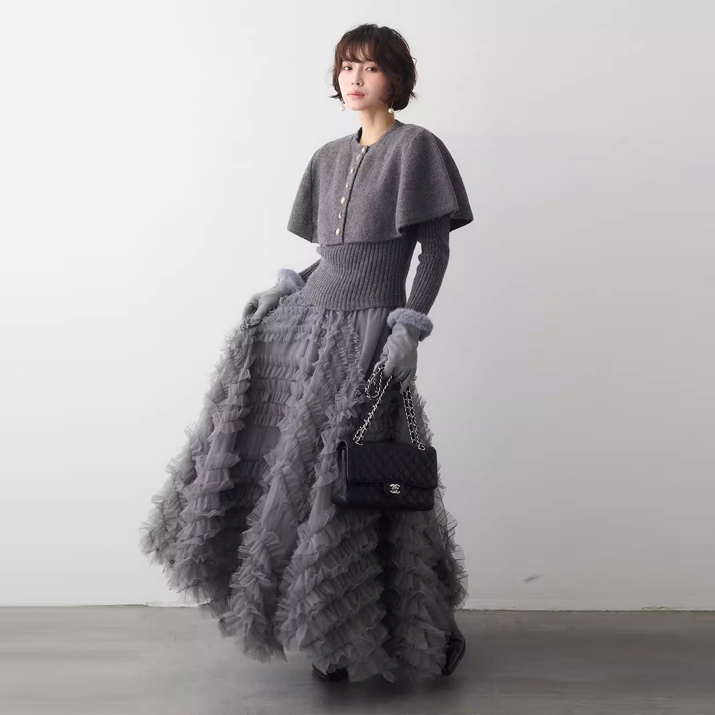 时尚套装高级感斗篷型针织衫毛衣女早春高腰褶皱木耳边拼接半身裙,女装/女士精品,时尚套装,淘宝优惠券,粉丝福利购,淘宝优惠卷