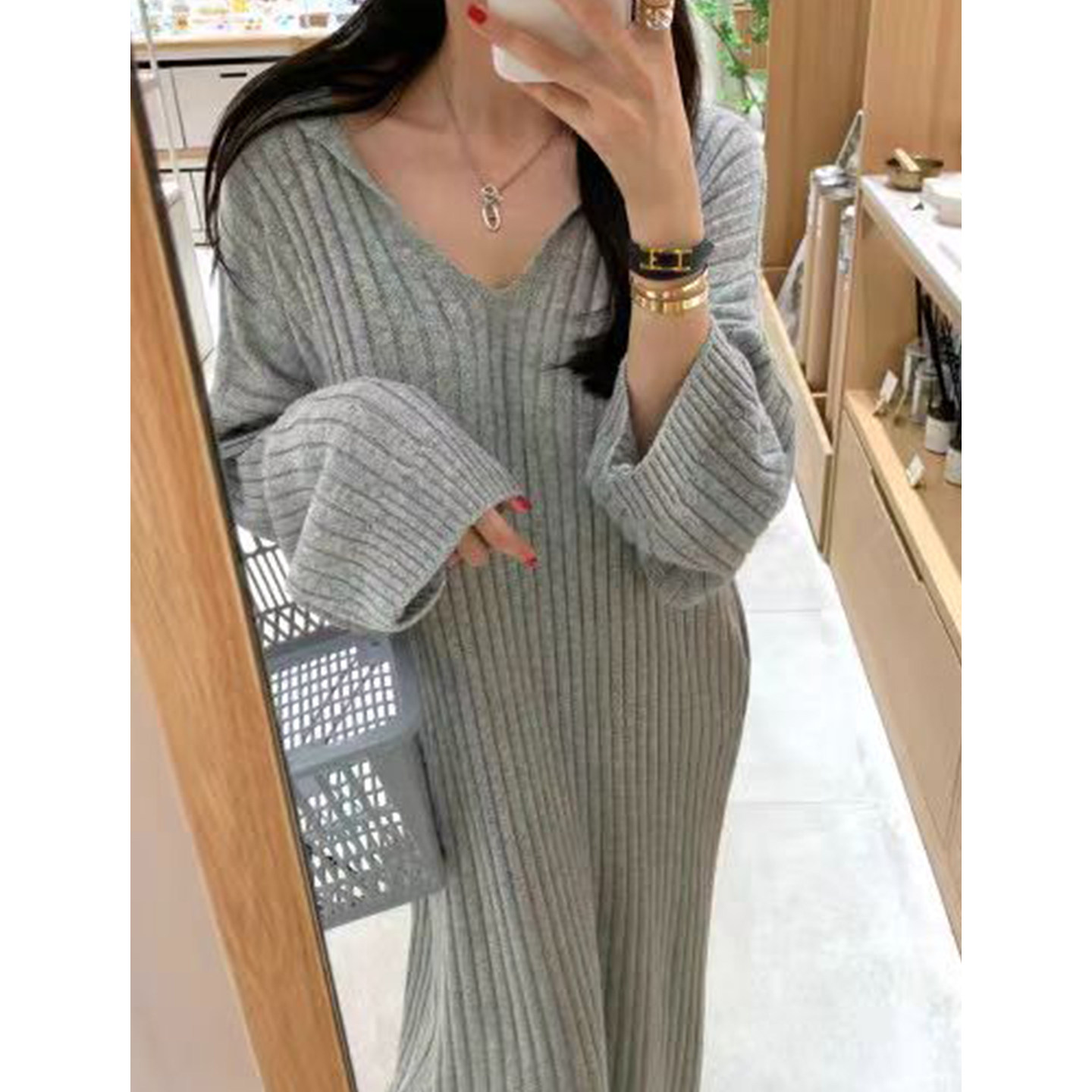 慵懒风海军领坑条针织毛衣连衣裙女2025冬季新款宽松长款直筒长裙
