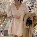 韩国chic秋冬法式 连衣裙短裙女 温柔风V领毛绒绒宽松休闲纯色短袖