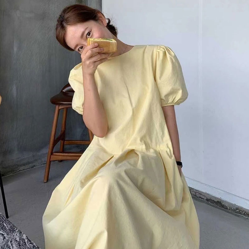 韩国chic圆领纯色泡泡袖连衣裙女