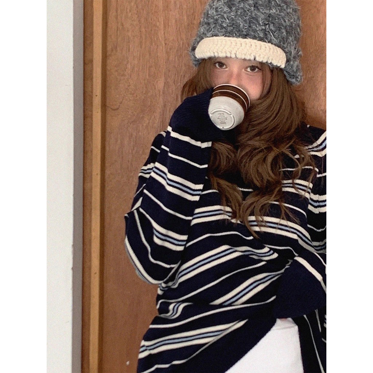 V领撞色条纹套头针织衫