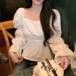 纯色方领喇叭袖 新款 收腰短款 女早春季 气质百搭衬衣上衣 衬衫 法式
