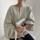 韩国chic早秋简约慵懒风圆领系带设计感套头宽松休闲灯笼袖 卫衣女