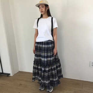 复古学院风磨毛拼接花边格子半身裙女2025冬季新款高腰A字长裙子