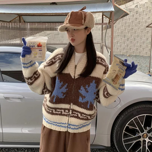 韩国chic冬季复古减龄重工提花宽松长袖厚实拉链式针织毛衣外套女