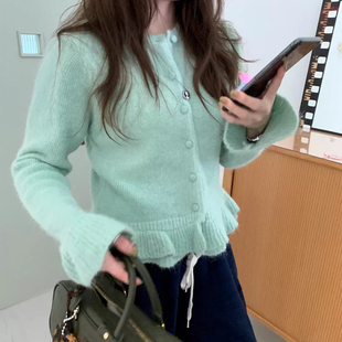 薄荷绿荷叶边针织开衫女早春季新款设计感显瘦短款毛衣外套上衣