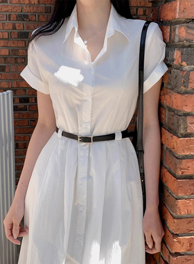 韩国chic夏季法式气质翻领单排扣中长款短袖衬衫式连衣裙女配腰带
