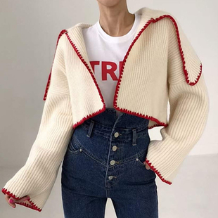 针织开衫 韩国chic秋季 短款 小众减龄海军领撞色包边设计长袖 毛衣女