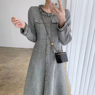 粗花呢连衣裙女 小香风圆领单排扣收腰显瘦长款 韩国chic秋季 法式