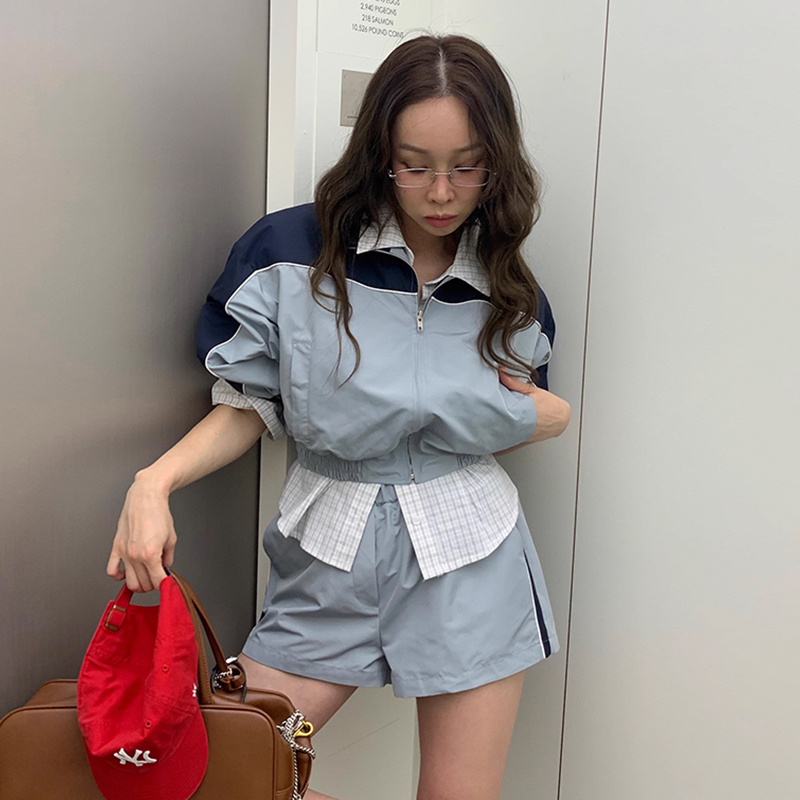 拼色防晒夹克外套+高腰休闲短裤