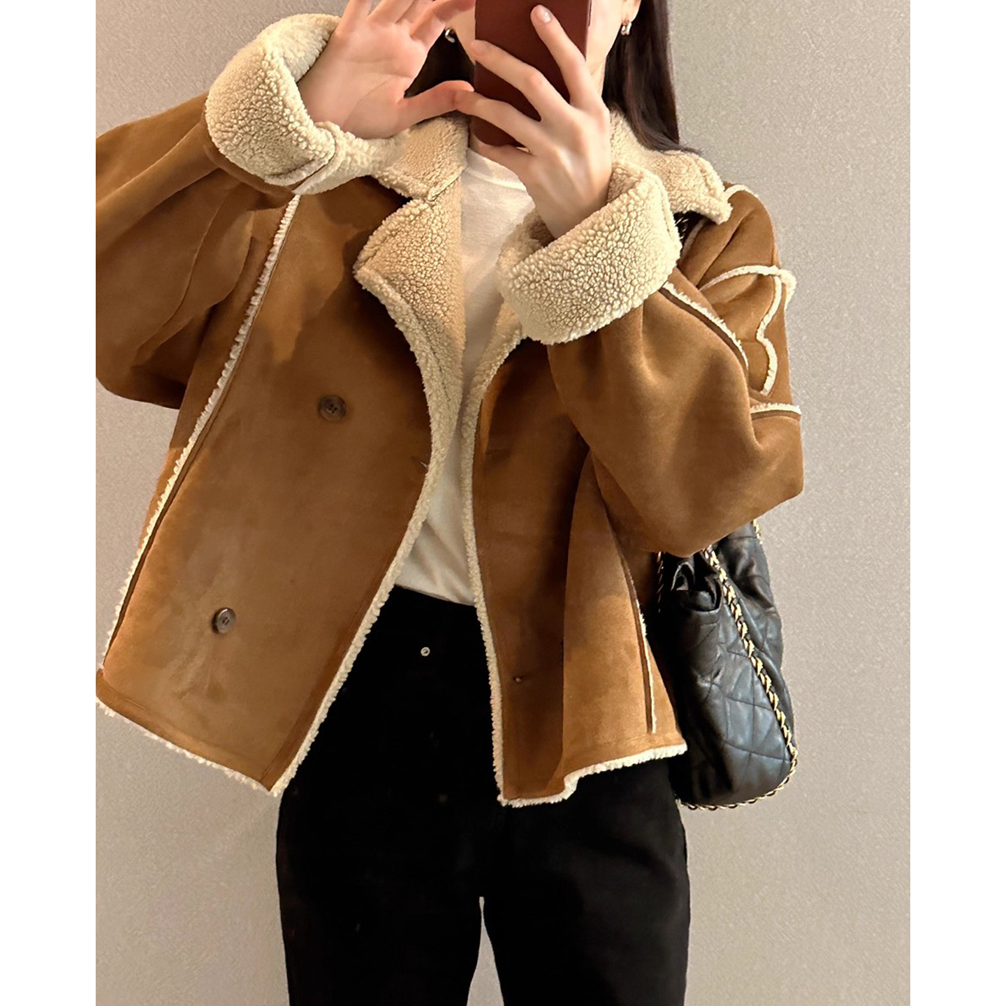 高级感双排扣仿麂皮绒羊羔毛外套