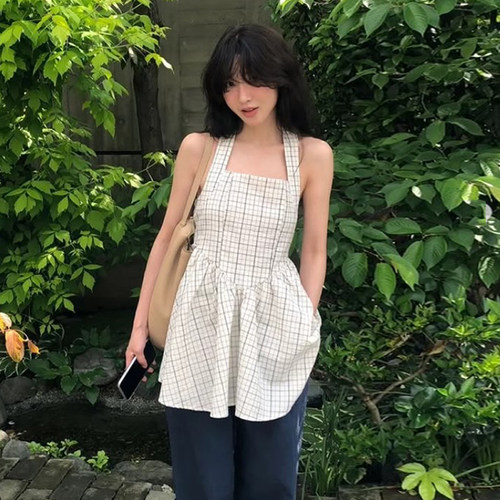 小众叠穿挂脖格子背心连衣裙短裙