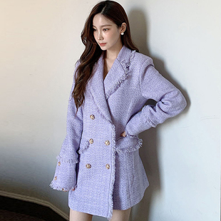 韩国chic秋冬小香风西装 流苏毛边粗花呢外套女 领双排扣宽松中长款