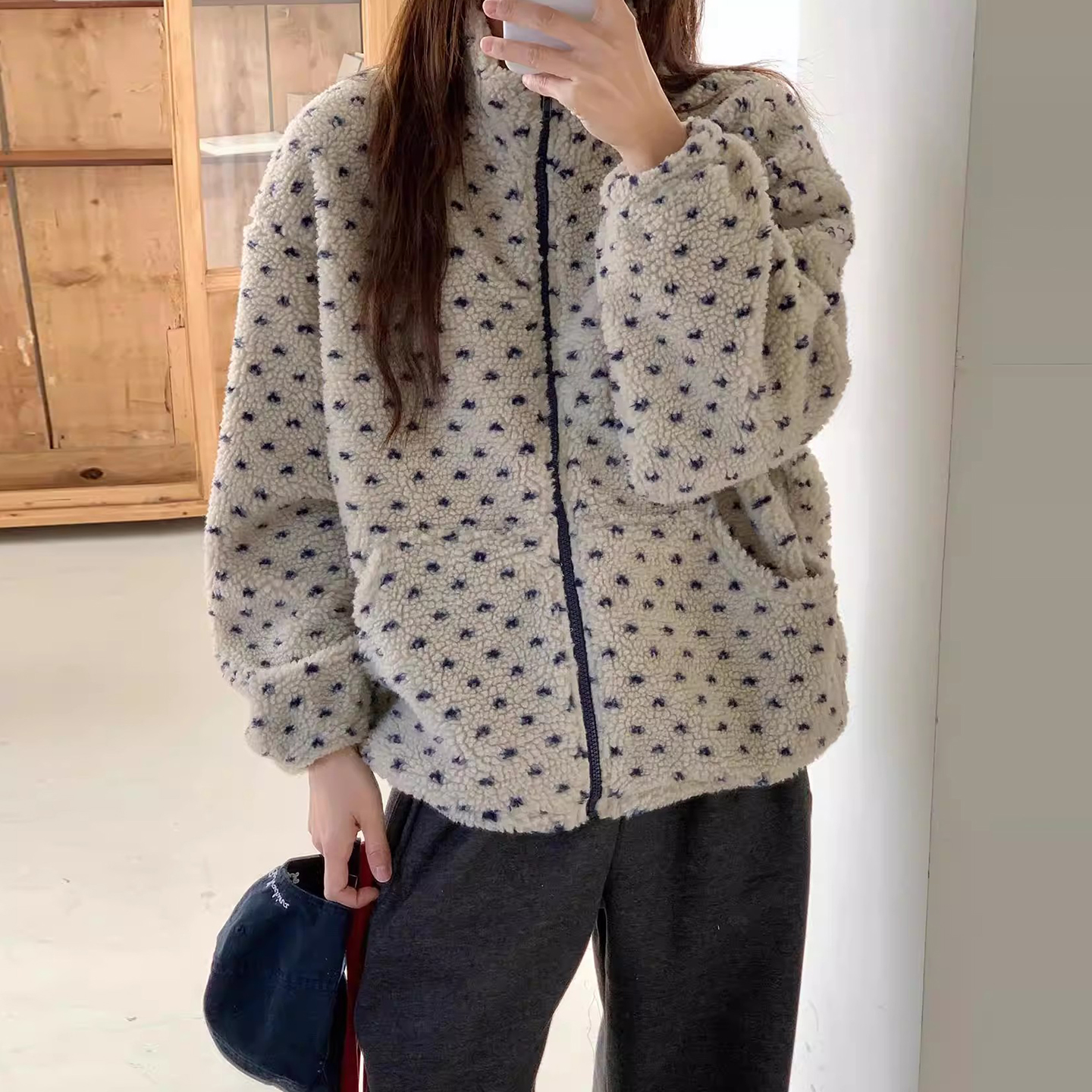 复古立领撞色提花羊羔毛卫衣外套