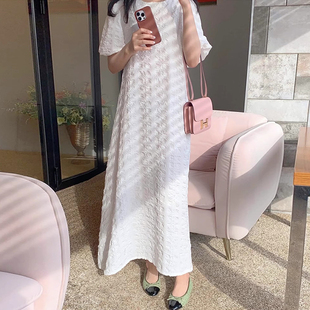 良良家褶皱肌理感泡泡袖 减龄气质宽松白色长裙子 连衣裙女夏季 新款