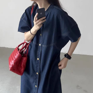 良良家复古小众立领短袖 港风气质单排扣长裙 牛仔连衣裙女夏季 新款