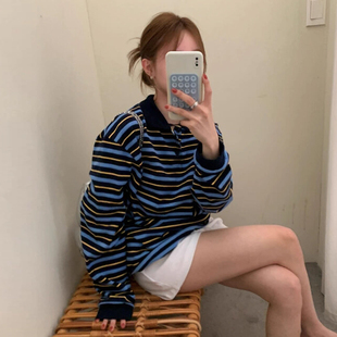 复古polo领撞色宽松小众百搭条纹T恤上衣女 美式 韩国chic秋季 新款