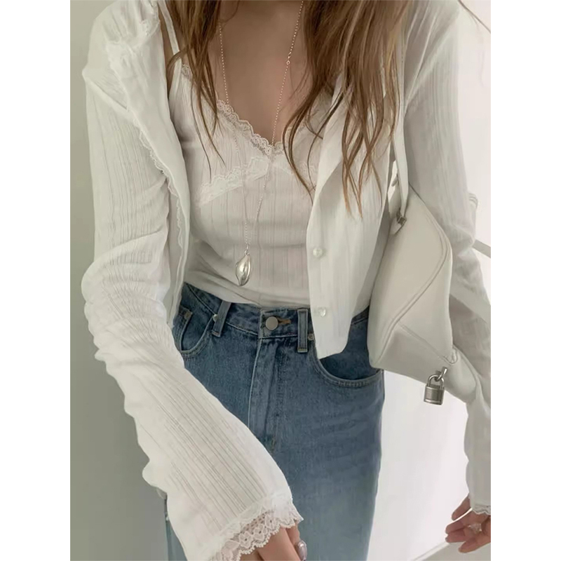 拼接蕾丝花边纹理感长袖开衫上衣