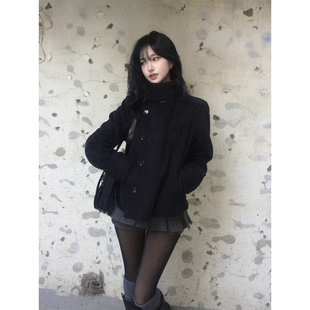 良良家赫本风立领黑色毛呢外套女秋冬新款高级感小个子短款大衣