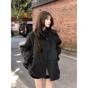 良良家高级感黑色短款毛呢外套女秋冬新款高级感加厚廓形呢子大衣