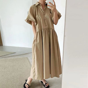 韩国chic夏季 大摆连衣裙女 复古简约翻领大口袋设计收腰显瘦灯笼袖