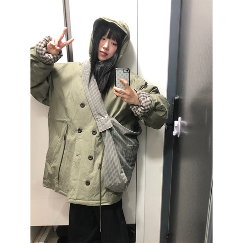 韩系复古格子连帽棉服外套女