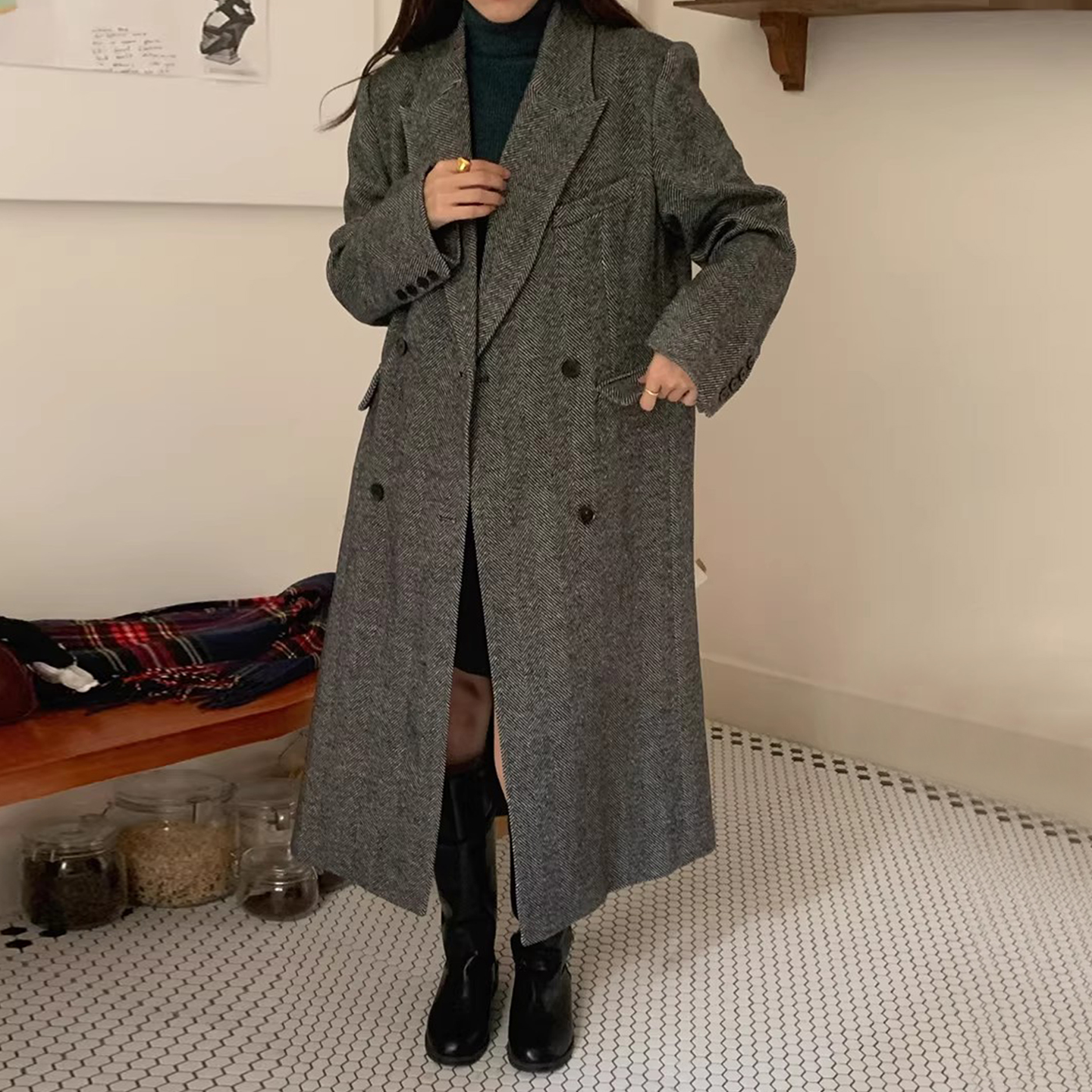 复古人字纹纯色毛呢西装大衣外套
