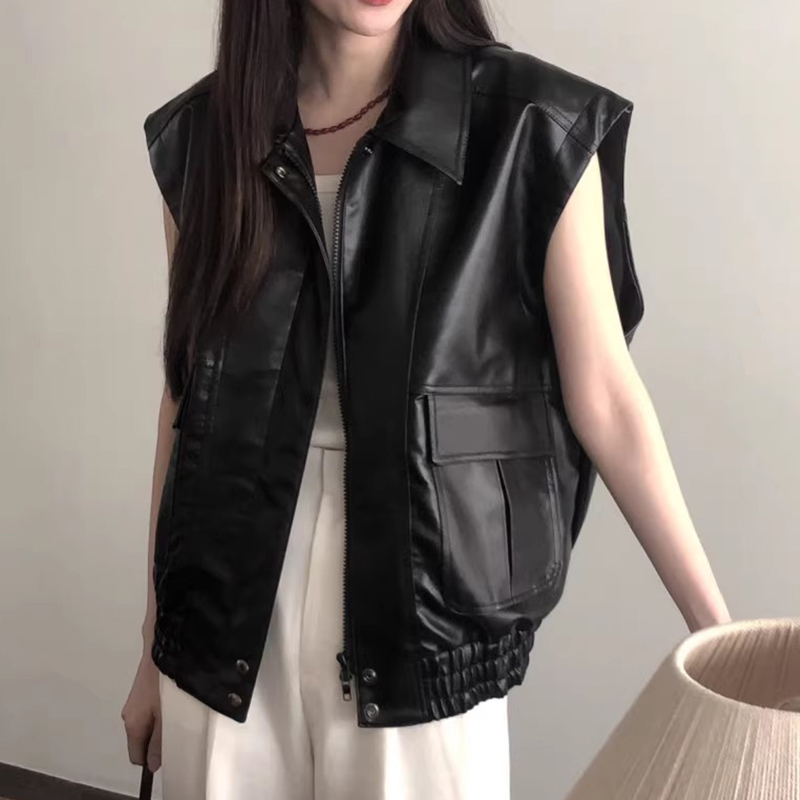韩国chic秋季复古百搭款翻领大口袋百搭休闲长袖PU皮衣马甲外套女