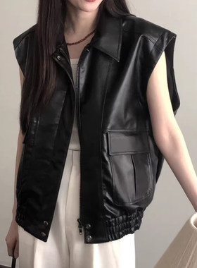 大口袋百搭长袖皮衣马甲外套女