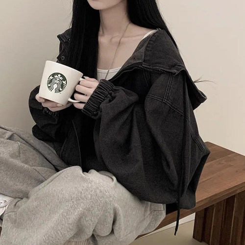 韩国chic秋季新款法式慵懒风双拉链大口袋短款连帽牛仔卫衣外套女 - 封面