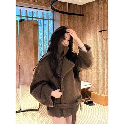 复古氛围感棕色高领毛呢外套女