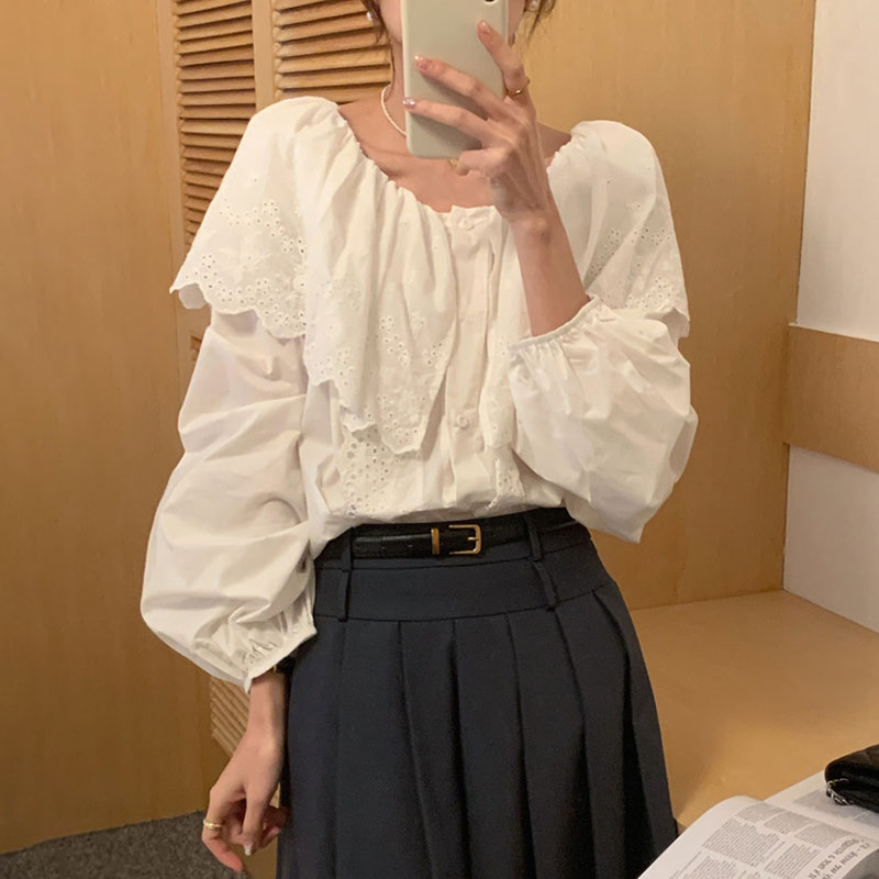 韩国chic圆领蕾丝钩花荷叶边衬衫