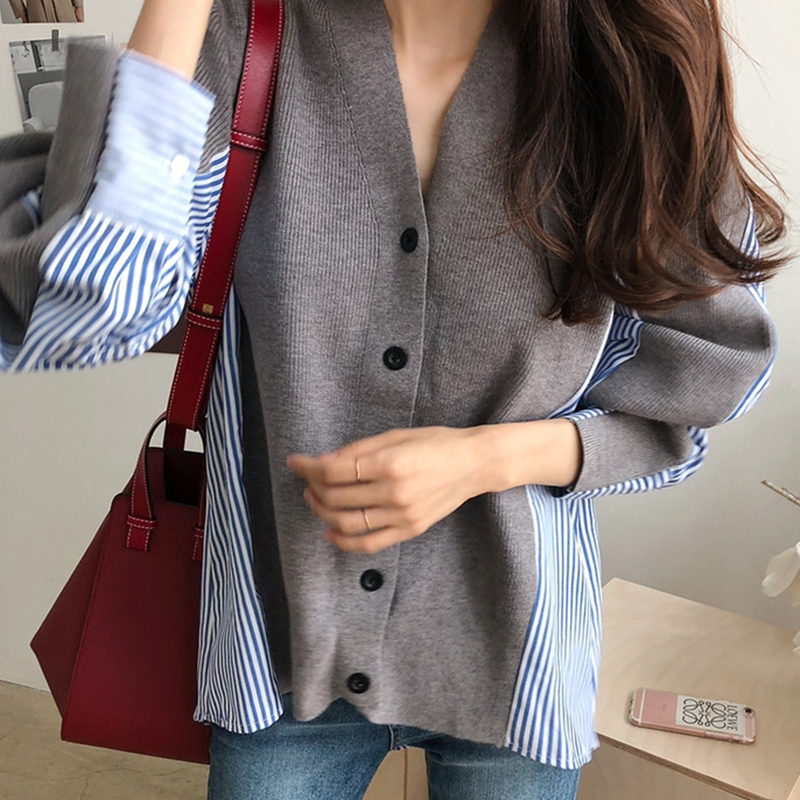 chicV领撞色拼接条纹针织外套女