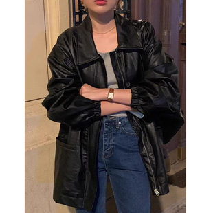 韩国chic秋季 小众帅气翻领大口袋设计感拉链宽松百搭PU皮衣外套女