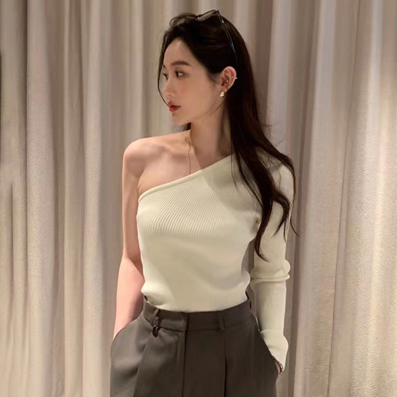 韩国chic小众简约不规则斜肩露单肩坑条修身显瘦长袖针织上衣女,女装/女士精品,毛针织衫,淘宝优惠券,粉丝福利购,淘宝优惠卷