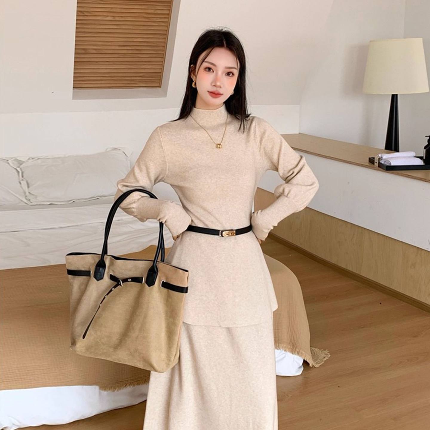 优雅气质半高领收腰显瘦针织毛衣女2025冬季高腰A字半身裙两件套