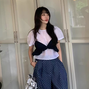 良良家小众百搭微透短袖 女夏季 新款 气质木耳边外穿吊带两件套 衬衫