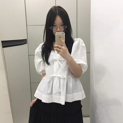 法式减龄系带蝴蝶结泡泡袖衬衫