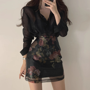 高腰碎花半身裙套装 防晒衬衣 复古优雅微透百搭长袖 韩国chic春季