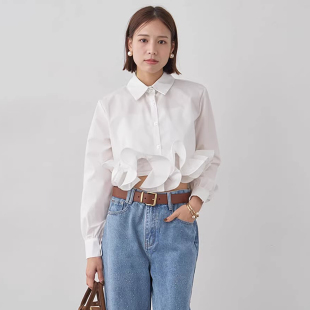 白色衬衫 良良家 设计感立体荷叶边下摆翻领短款 新款 上衣女 春季