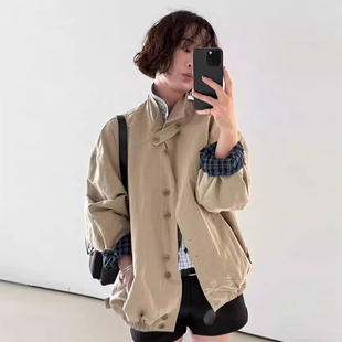 夹克外套女 复古百搭立领单排扣拼接格纹宽松长袖 韩国chic秋季 新款