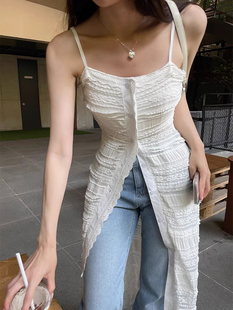 韩国chic夏季 优雅方领单排扣重工蕾丝花边设计吊带连衣裙女 法式
