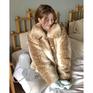 复古洋气小鹿豹纹提花仿貂毛外套女2025冬季新款圣诞麋鹿皮草外套