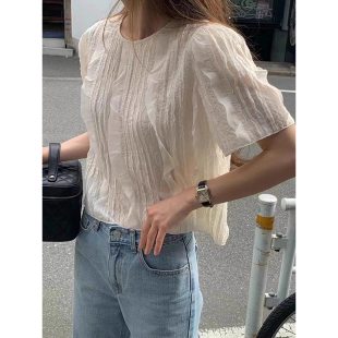气质宽松纯色上衣 良良家设计感立体木耳边别致衬衫 女夏季 新款 法式