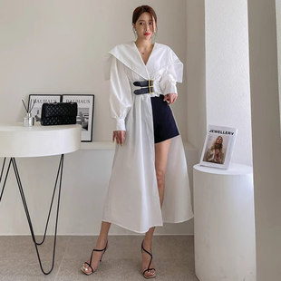 韩国chic秋季 A字连衣裙女 优雅气质大翻领开叉双皮带收腰显瘦长款