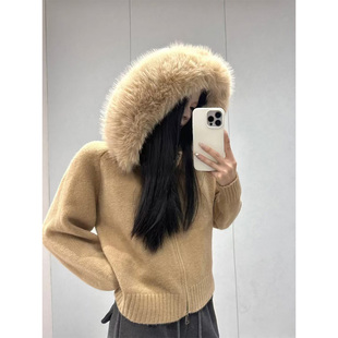 良良家韩系大毛领连帽毛衣外套女秋冬新款巨好看拉链针织开衫上衣