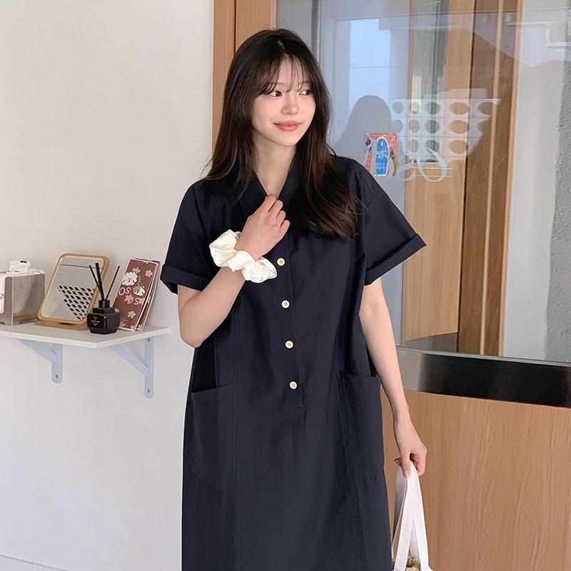 良良家polo领双口袋工装连衣裙女夏季新款简约气质宽松短袖长裙子